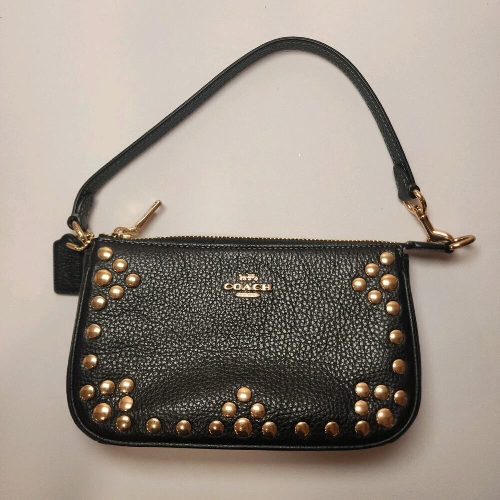 Coach Black Leather Studded Shoulder Bag with Gold Accents - Picture 6 of 9